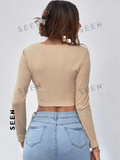 Neck Button Placket Rib-knit Tee
