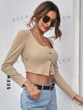 Neck Button Placket Rib-knit Tee