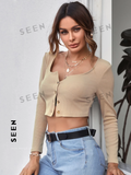 Neck Button Placket Rib-knit Tee
