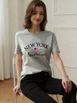 Simple Fashion Slogan Print Casual Vacation Style Loose Fit Round Neck Short Sleeve T-Shirt, Fashionable Everyday Top