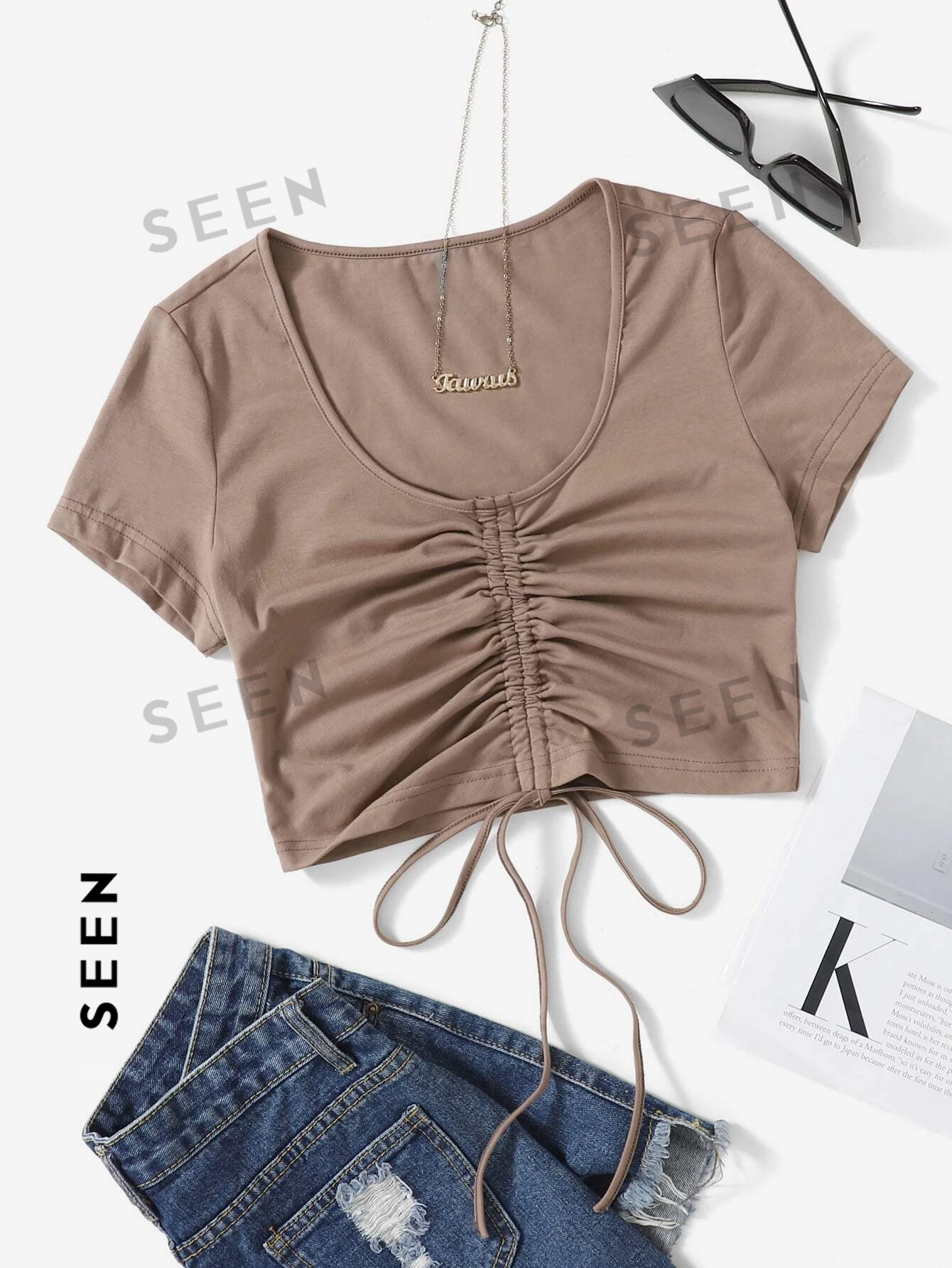 Solid Drawstring Ruched Tee