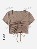 Solid Drawstring Ruched Tee
