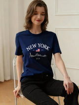 Simple Fashion Slogan Print Casual Vacation Style Loose Fit Round Neck Short Sleeve T-Shirt, Fashionable Everyday Top