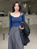 Women's Solid Color Square Neckline Long Sleeve Slim Fit T-Shirt