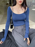 Women's Solid Color Square Neckline Long Sleeve Slim Fit T-Shirt