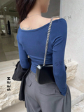 Women's Solid Color Square Neckline Long Sleeve Slim Fit T-Shirt