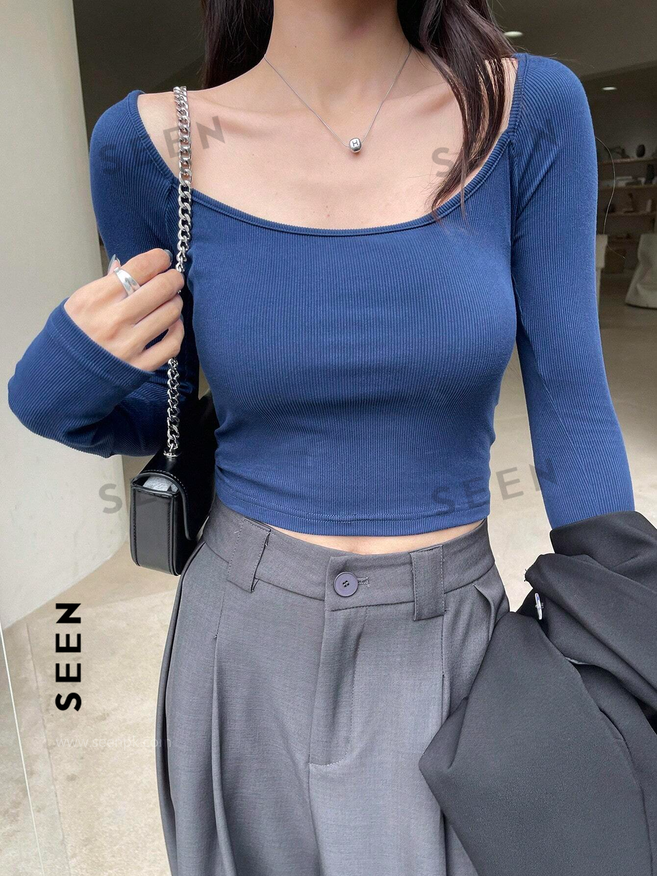 Women's Solid Color Square Neckline Long Sleeve Slim Fit T-Shirt