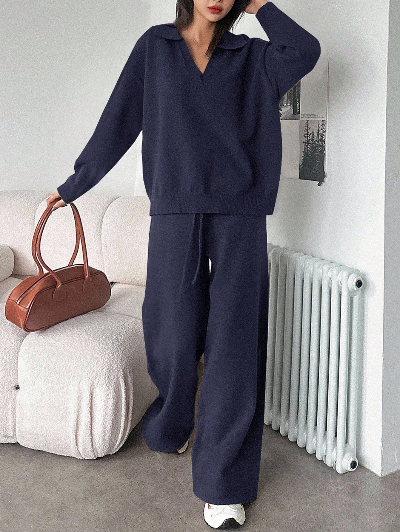 Casual Solid Color Turndown Collar Loose Sweater And Wide Leg Pants 2 Pieces Set