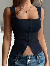 French Style Square Neck Sleeveless Slit Knit Tank Top