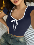 Women's Wrapped Round Neck T-Shirt With Bow Knot