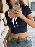 Women's Wrapped Round Neck T-Shirt With Bow Knot