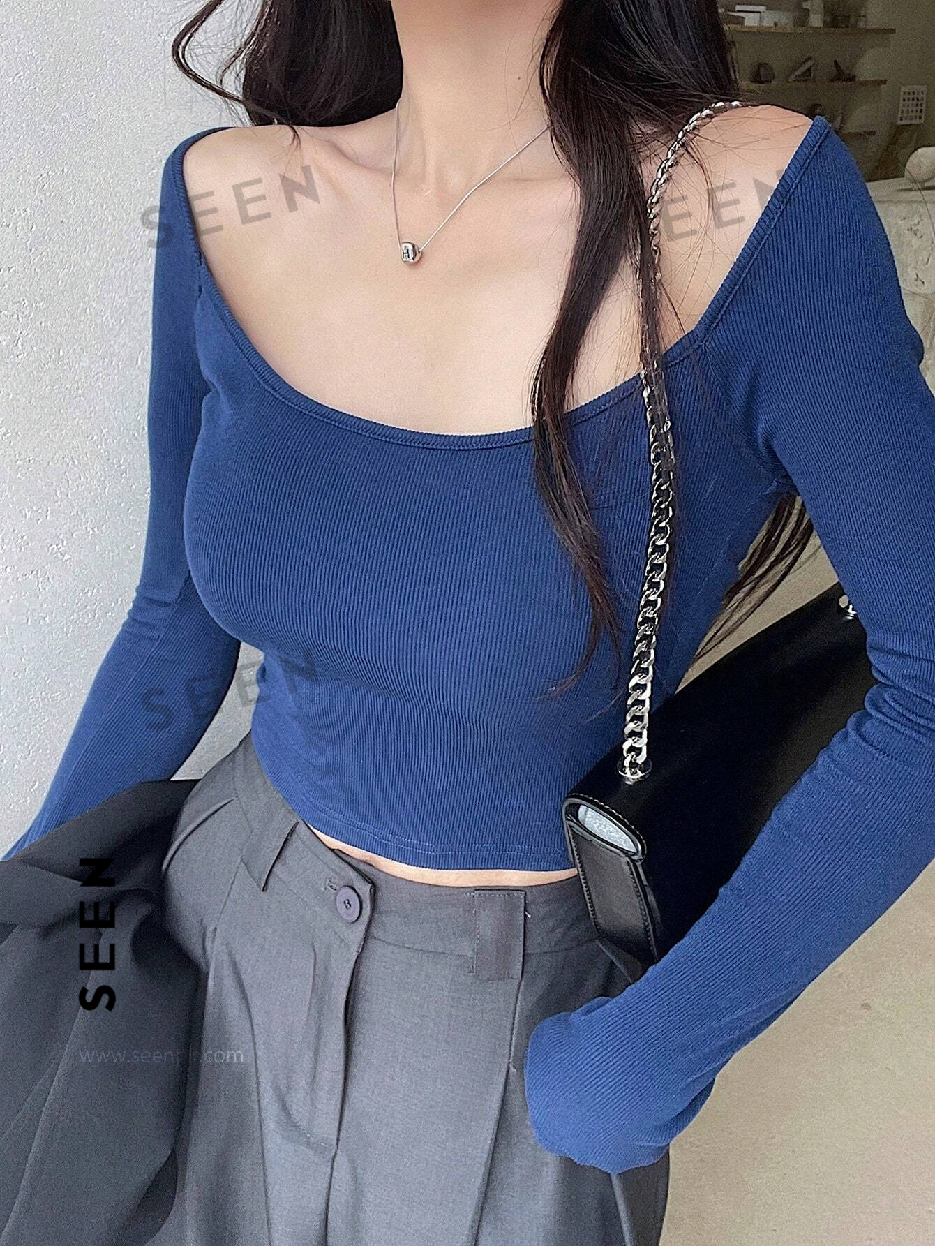 Women's Solid Color Square Neckline Long Sleeve Slim Fit T-Shirt