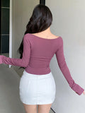 Women's Solid Color Square Neckline Long Sleeve Slim Fit T-Shirt