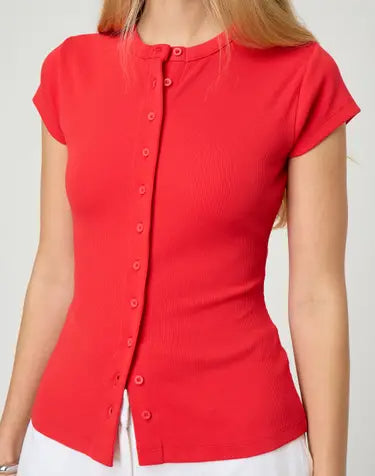 Ribbed Knit Cardigan - Stylish Solid Color T-Shirt with Full-Button Front and Ribbed Detailing, Perfect for Casual Wear