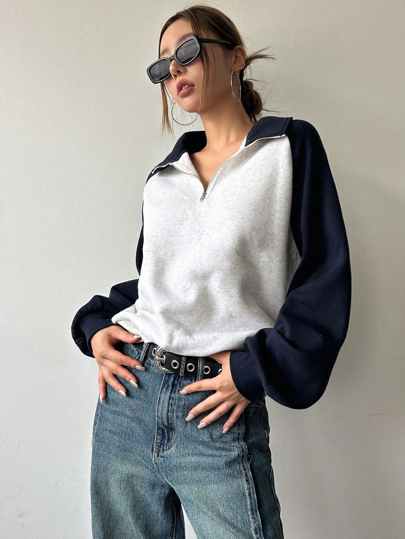 Two Tone Quarter Zip Raglan Sleeve Sweatshirt, Long Sleeve Tops