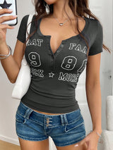 Y2K Style Letter Print Fitted Short Sleeve T-Shirt, Spring/Summer Casual