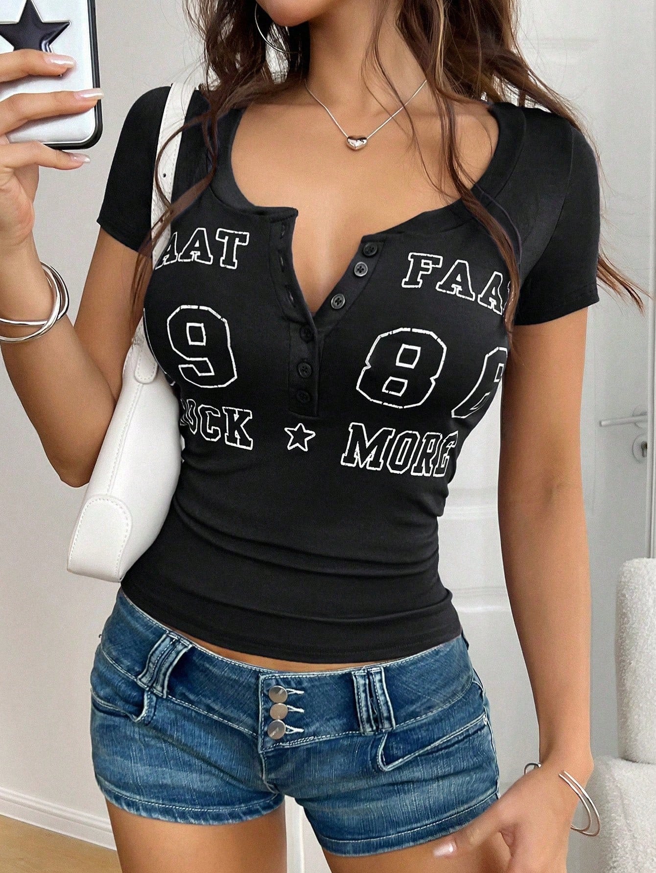 Y2K Style Letter Print Fitted Short Sleeve T-Shirt, Spring/Summer Casual