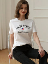 Simple Fashion Slogan Print Casual Vacation Style Loose Fit Round Neck Short Sleeve T-Shirt, Fashionable Everyday Top