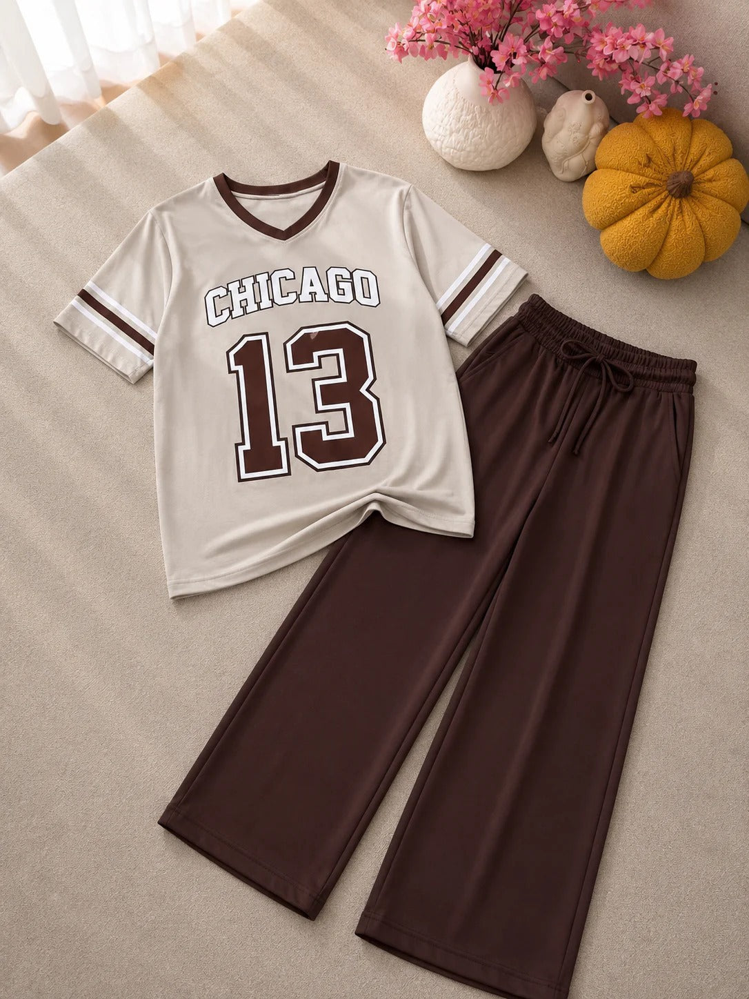 SEEN Chicago 13 beige V-drop shoulder T-shirt with brown flapper trousers unisex streetwear set