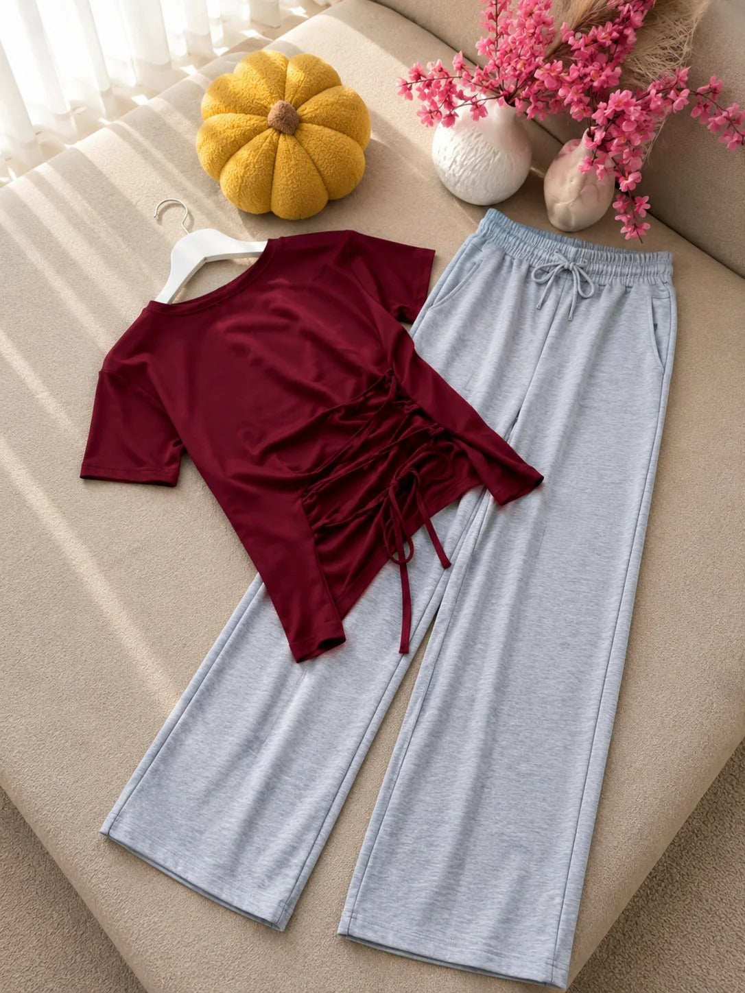 SEEN maroon corset T-shirt with grey flapper trousers women’s streetwear co-ord set