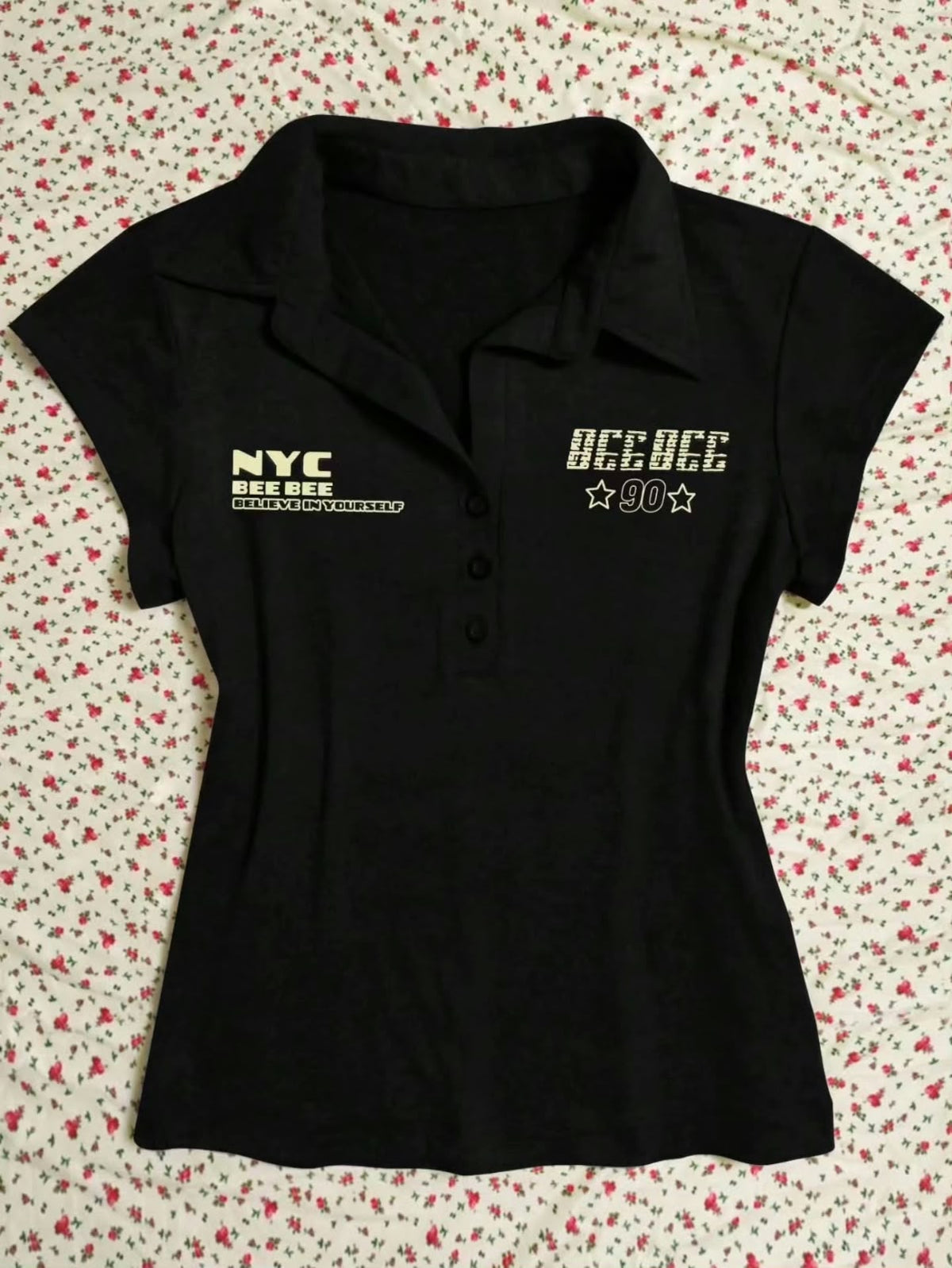 Women's Letter-Print Slim-Fit Short-Sleeve Polo T-Shirt
