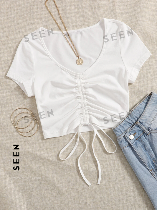 Solid Drawstring Ruched Tee
