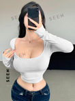Women's Solid Color Square Neckline Long Sleeve Slim Fit T-Shirt