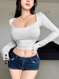 Women's Solid Color Square Neckline Long Sleeve Slim Fit T-Shirt