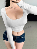 Women's Solid Color Square Neckline Long Sleeve Slim Fit T-Shirt