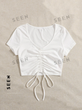 Solid Drawstring Ruched Tee