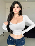 Women's Solid Color Square Neckline Long Sleeve Slim Fit T-Shirt