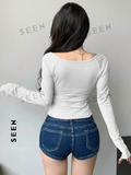 Women's Solid Color Square Neckline Long Sleeve Slim Fit T-Shirt