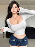 Women's Solid Color Square Neckline Long Sleeve Slim Fit T-Shirt