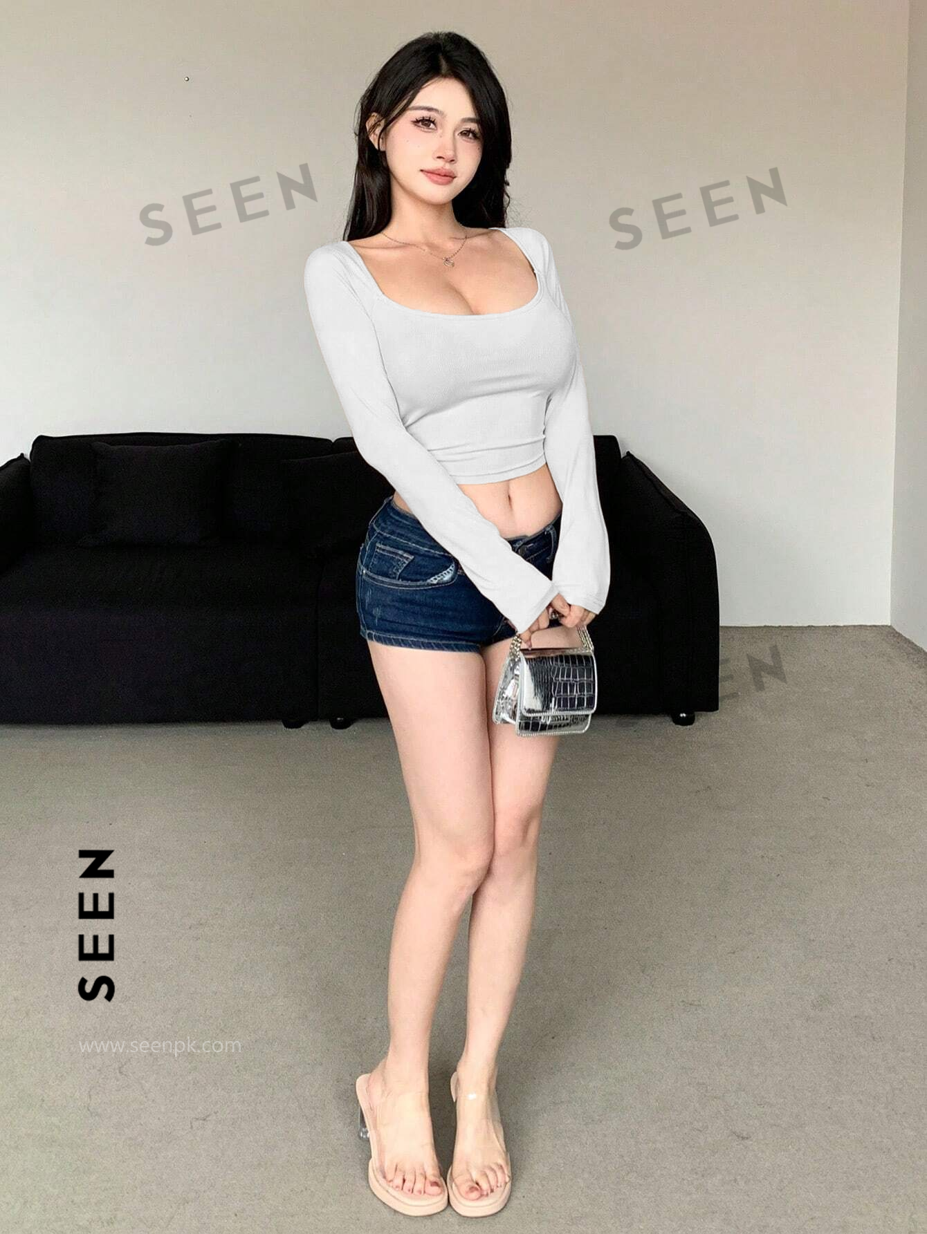 Women's Solid Color Square Neckline Long Sleeve Slim Fit T-Shirt