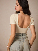 Solid Black Backless Short Sleeve Tee, Effortless Chic Essential, Summer Top