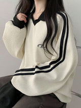Contrast Color Block Striped Long Sleeve Casual Letter Print Sweatshirt, Collegiate Style, Long Sleeve Tops