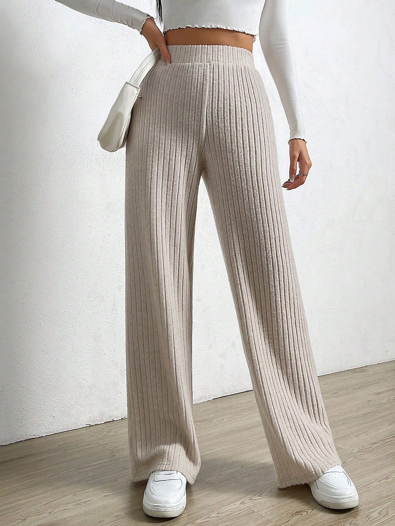 Solid Color High Waist Ribbed Straight Loose Casual Pants