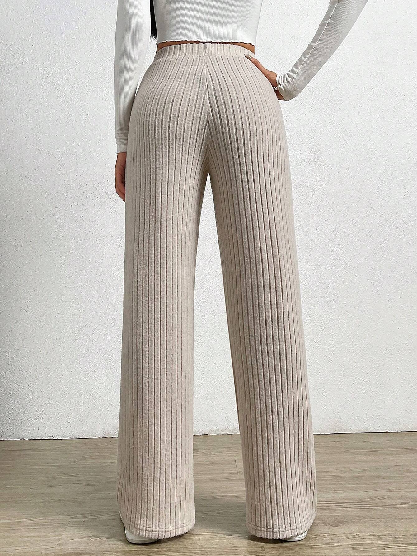 Solid Color High Waist Ribbed Straight Loose Casual Pants