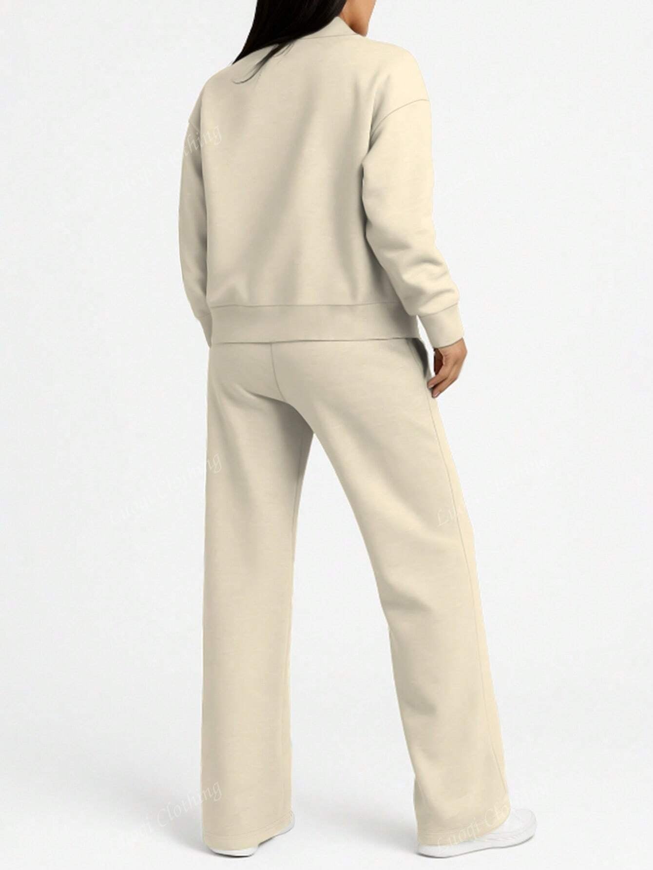 Solid Color Minimalist Hoodie Jacket Top And Straight Leg Pants, Fashion Outfit