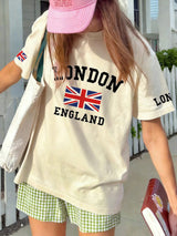 London Letter Print Cheongsam Pattern Round Neck Short Sleeve T-Shirt, Casual Loose Versatile Vacation Style Top