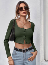 Neck Button Placket Rib-knit Tee