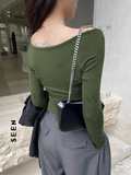 Women's Solid Color Square Neckline Long Sleeve Slim Fit T-Shirt