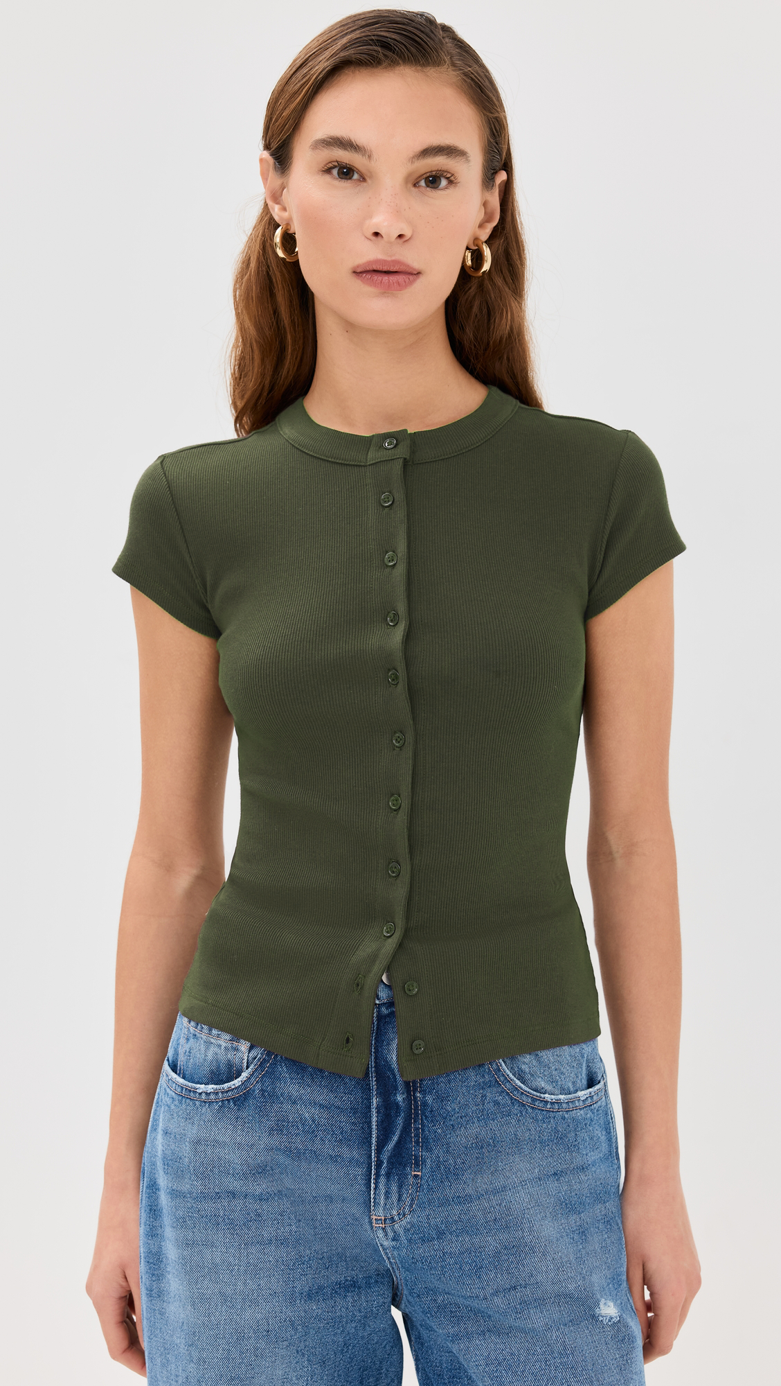 Ribbed Knit Cardigan - Stylish Solid Color T-Shirt with Full-Button Front and Ribbed Detailing, Perfect for Casual Wear