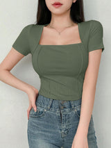 Women's Solid Color Swan Collar Short Sleeve T-Shirt
