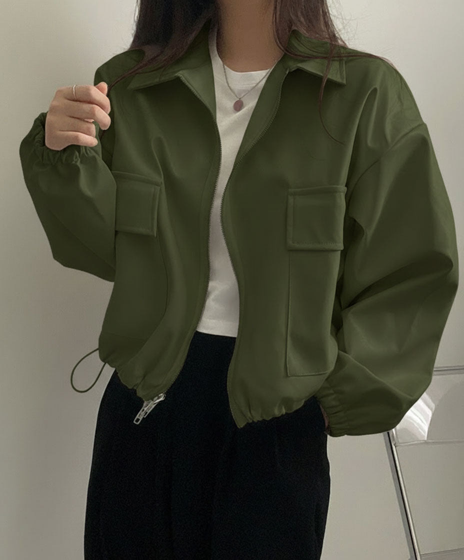 Casual Cropped Zip-Up Long-Sleeve Jacket in Solid Color