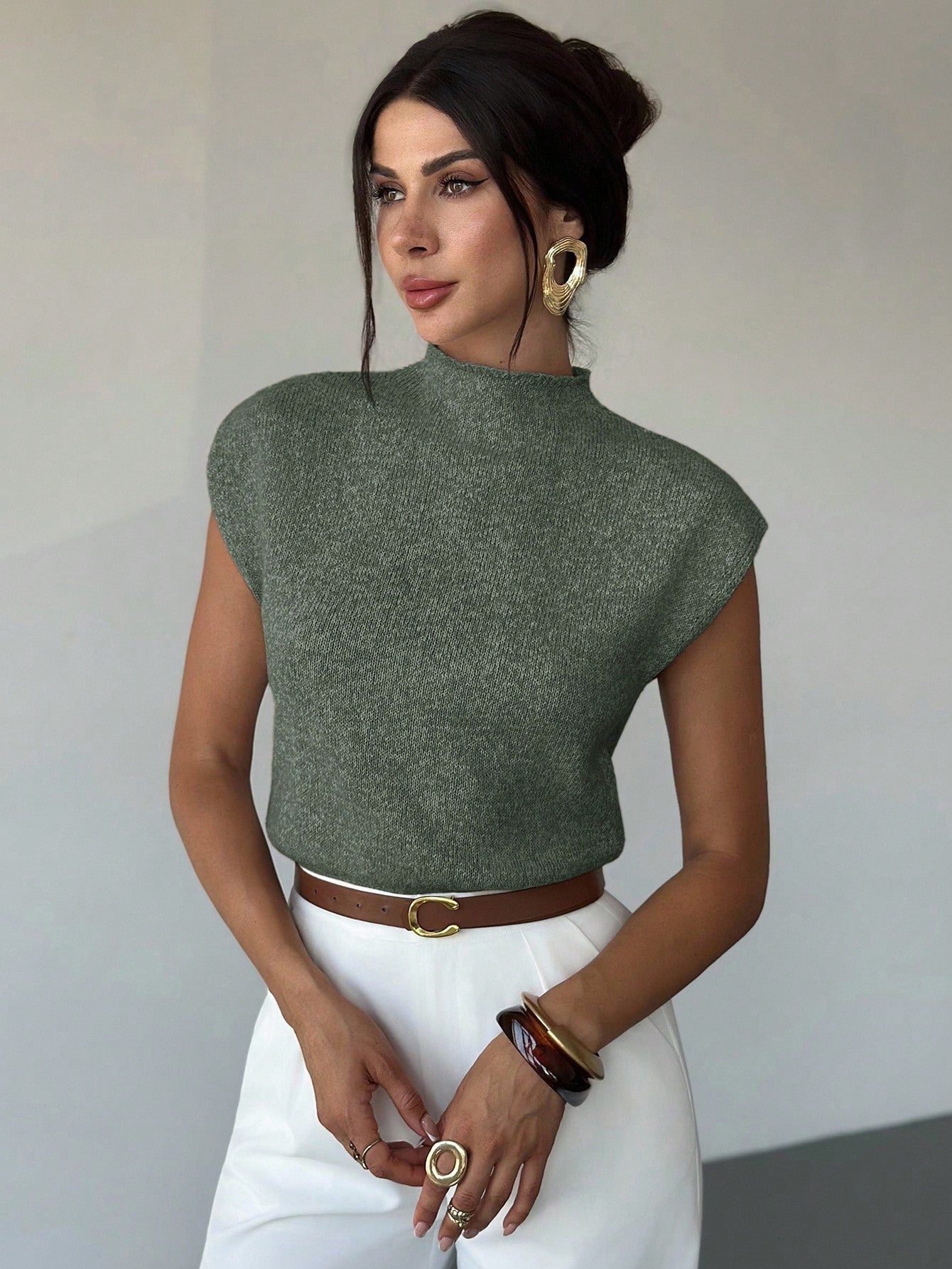 High Neck Loose Casual Versatile Sleeveless Knit Sweater