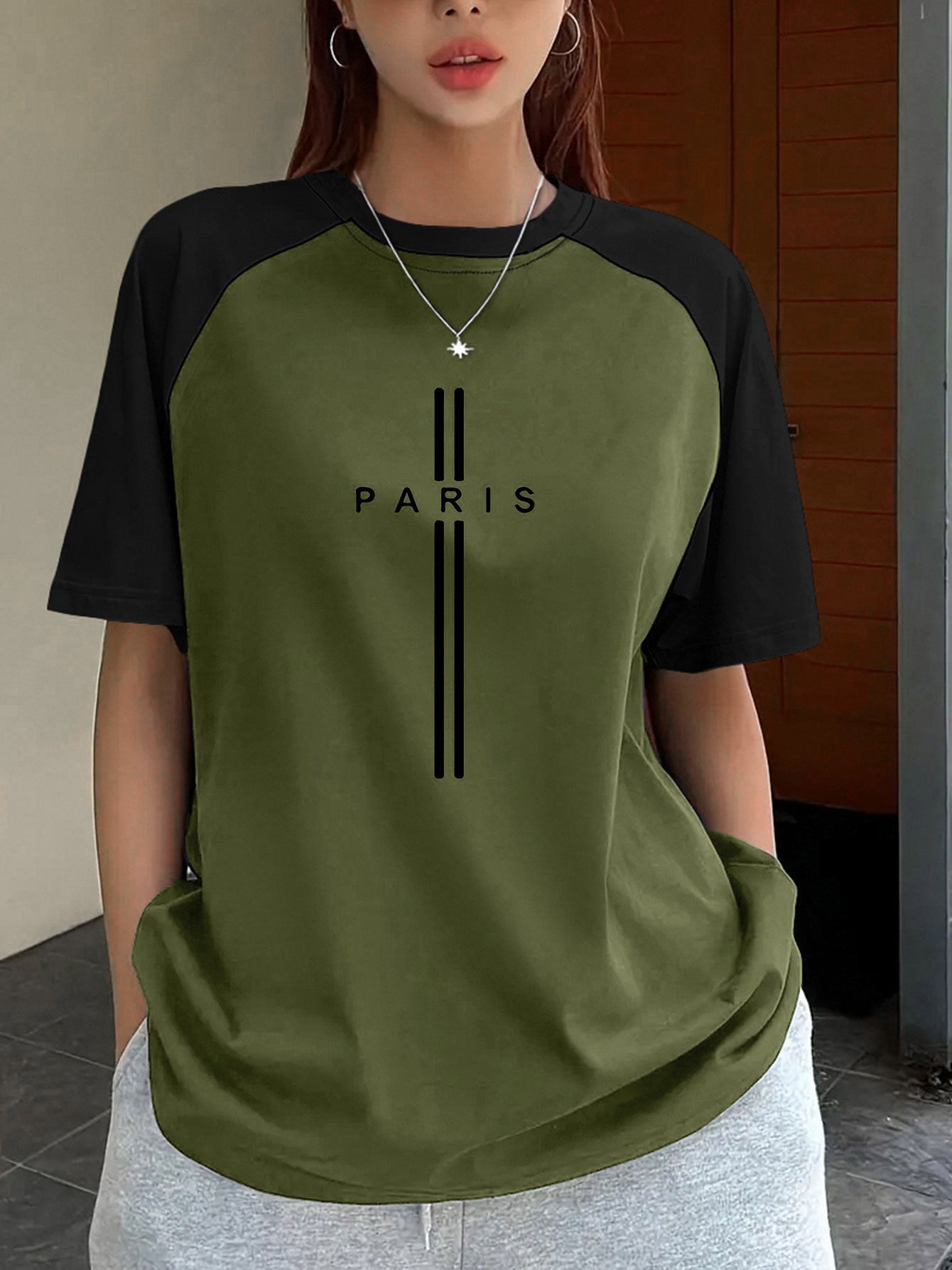 Color-Block Raglan Sleeve T-Shirt with Paris Letter Print