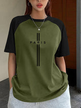 Color-Block Raglan Sleeve T-Shirt with Paris Letter Print