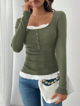 Round Neck 2 In 1 Lace Patchwork T-Shirt, Brown Velour Ribbed