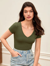 V-Neck Short Sleeve Solid Color Slim Fit Casual Tee